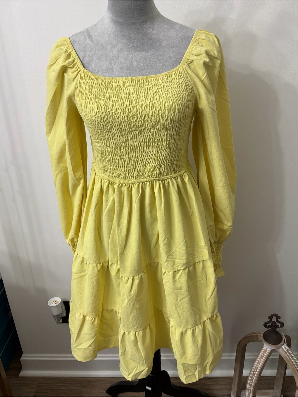 Smocked Square-Neck Midi Dress in Sunny Yellow